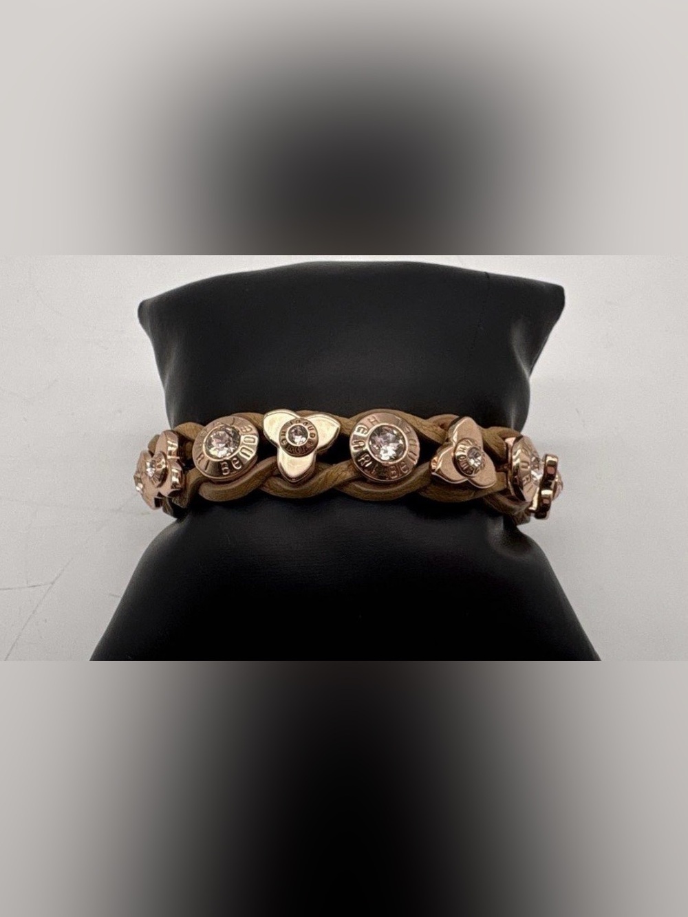 VINTAGE LUX Henri Bendel Braided Leather Swarovski Crystal Rivet Snap Bracelet ✨